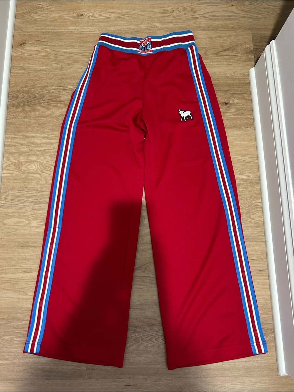 MOTHER Red Kids Sweatpants with Blue & White Side Stripes